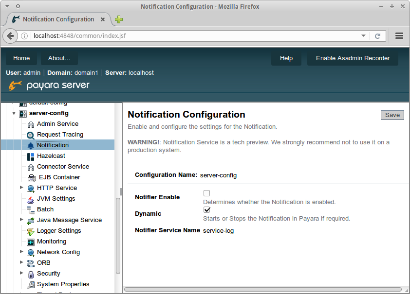 Notification service admin console screenshot