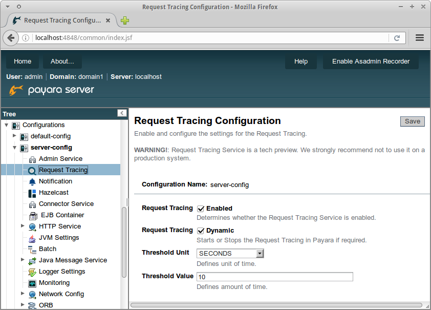Request Tracing Configuration in the Admin Console